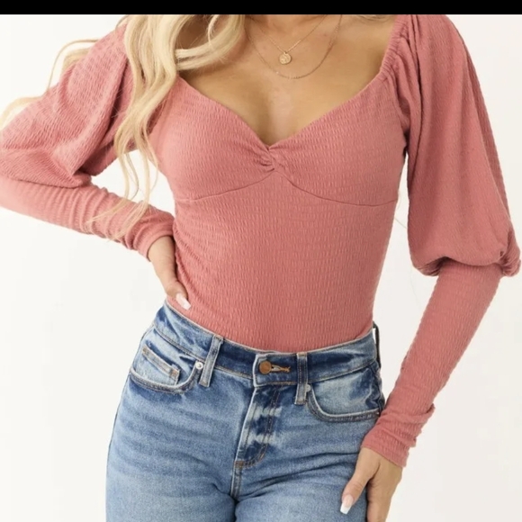 Promesa Tops - Promesa Small Canyon Rose Long Sleeve Bodysuit Boutique Top Sweetheart Neckline